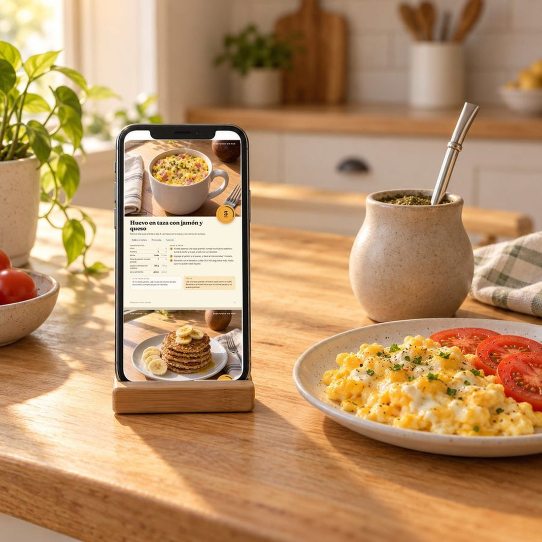 Recetario Desayunos Sin Pan en el celular junto a un revuelto y el mate