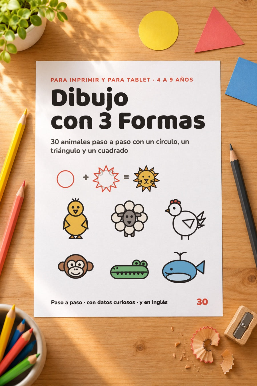 Portada de Dibujo con 3 Formas sobre un escritorio con lápices de colores