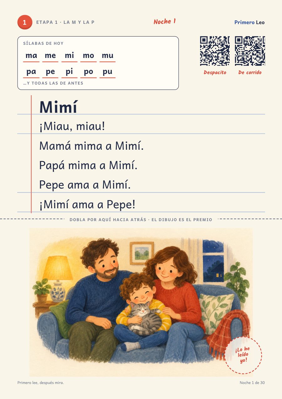 Página completa del cuento «Mimí», con la línea de doblez y el dibujo debajo